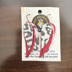 Unique Handmande Leather Feather Leapard Earrings Red, Blk & White